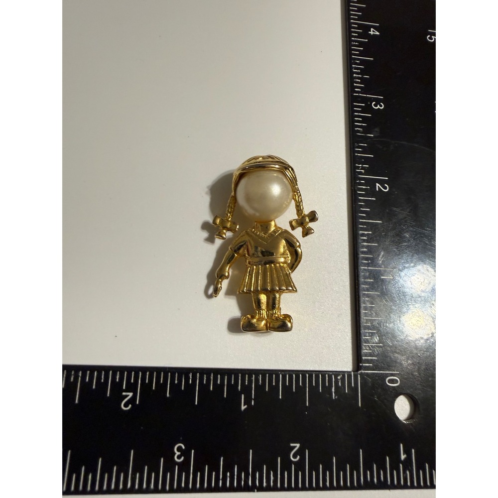 Vintage Gold‎ Tone School Girl Brooch with Faux Pearl Face and Pigtails Signed